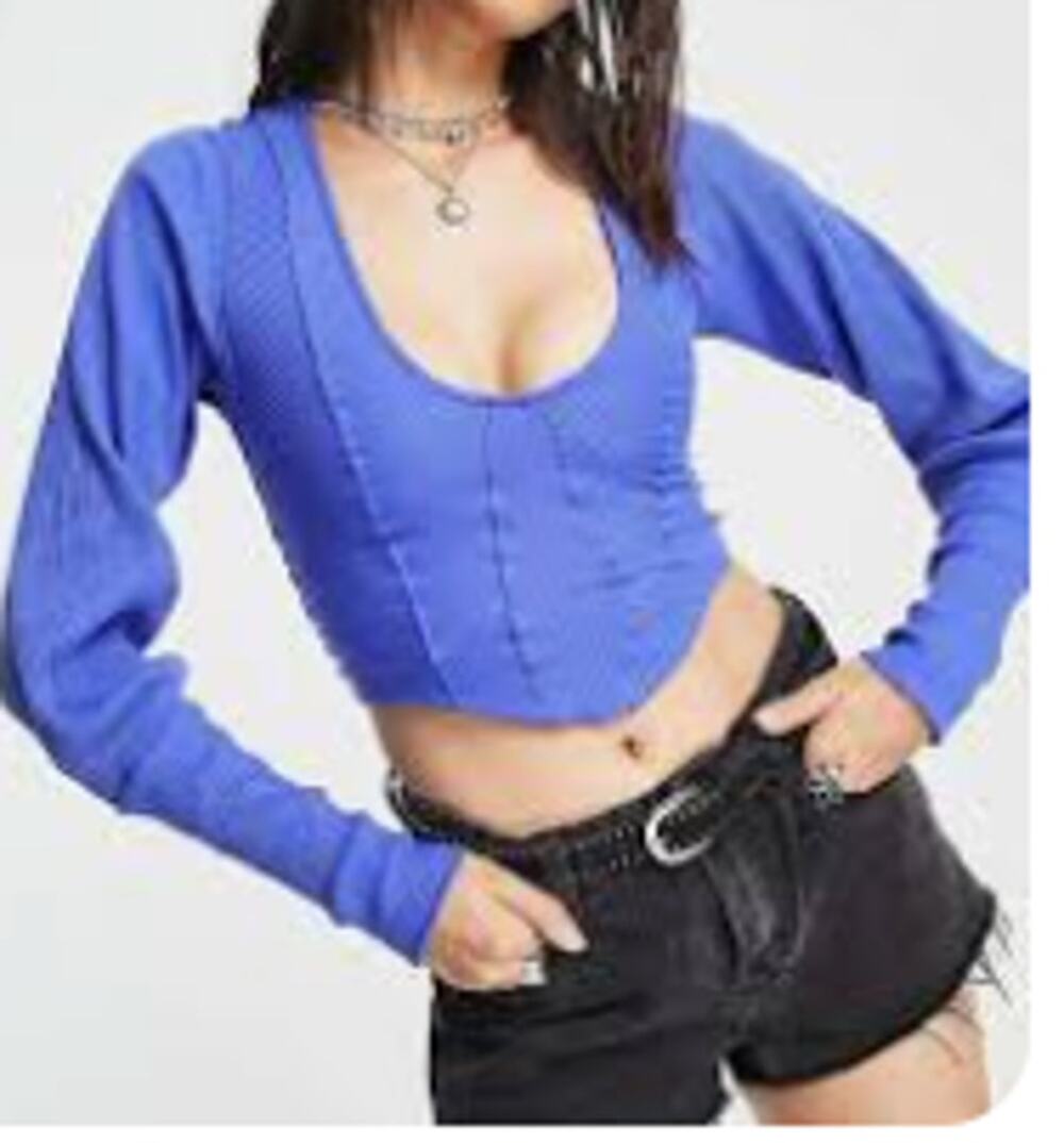 Free People Petra Blue Rib Knit Y2K Bustier Style Top  sz L